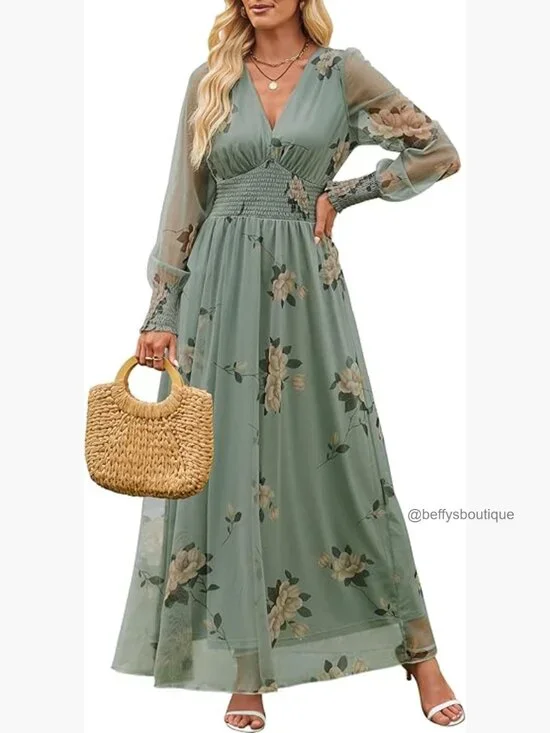 Floral Maxi Dress V Neck Puff Sleeve Long Sleeve Tulle Wedding Guest - Picture 1 of 7